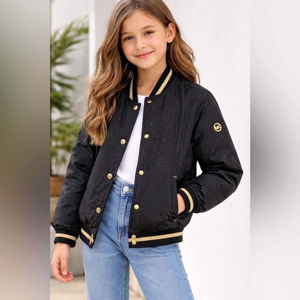 Michael Kors Girls Black Leopard bomber Jacket-Size  10/12